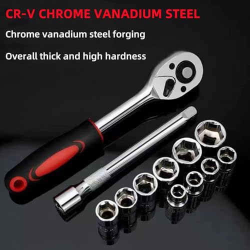 YWHWXB 1/4 Inch Ratchet Socket Wrench Set, Metric Socket Set with Quick Release Reversible Ratchet Wrench and Extension Bar, Metric SAE Mechanic Tool Kit,12 Pcs - size: Small