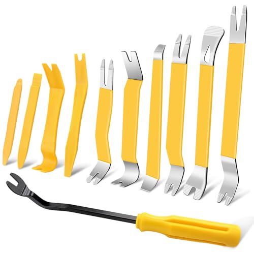 11 PCS AutoTrim Removal Tool Kit, Metal Pry Tool Auto Fastener Remover Pry Bar Set Trim Remover Kits for Vehicle Door Panel, Audio Radio Panel, Dashboard Repair Kit Yellow - color: Yellow, size: 11 PCS