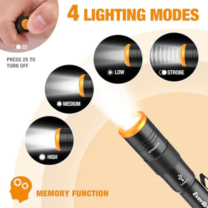 EverBrite Mini Pen Light, Rechargeable Pocket Pen Flashlight with USB C Cable, 4 Light Modes, 300 Lumens Small Flashlight with Clip for Inspection, Repair, Outdoors, Emergency, Black - color: Black