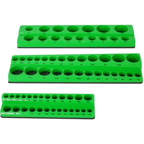 3 Piece SAE Magnetic Socket Organizers - Tool Box Socket Holder Set for 1/4", 3/8", 1/2" Sizes (Green) - color: Green