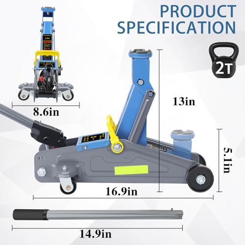 Larbanke 2T Floor Jack with Quick Lifting Range of 5.11-13 inches, Portable Hydraulic Floor Jack with Reflective Strip Suitable for Night Use, 6600 pounds Car Jack Suitable for Various Vehicle Models