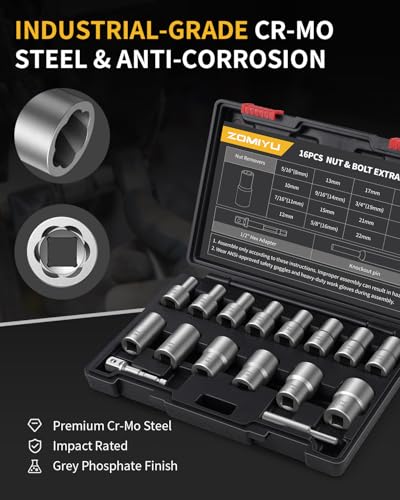16Pcs Bolt Extractor Kit, 1/2" Drive Impact Lug Nut Removal Tool, Stripped Bolt Extractor for Removing Damaged, Frozen, Rusted, Rounded-Off Bolts & Nuts, Industrial Grade Cr-Mo Steel - size: 16Pcs