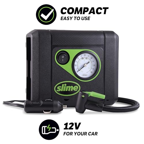 Slime 40060 Tire Inflator, Compact, Portable Car Air Compressor, Analog, Quick Connect Air Hose, Flat Tire Puncture Repair, 12V, 10 min inflation - style: Compact