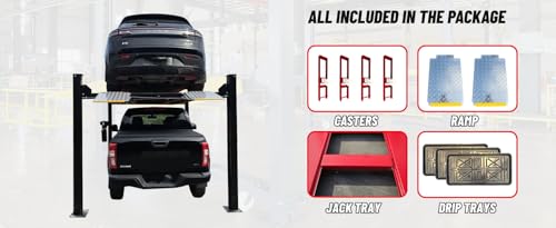 KT-4H950 3.0 HP Heavy Duty with Oil Tray, Jack Tray 84.5'' lifting Height 4 Post Car Lift Auto Parking Lift Aluminous Ramp with Casters