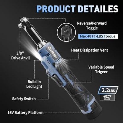 CloudDream Cordless Electric Ratchet Wrench,3/8" 16V Power Ratchet Tool,40 Ft-lbs Max Torque with 2x 2.0 Ah Batteries, Fast Charger, 7 Sockets, 1/4" Adapter & 3" Extension Bar for Auto Repair