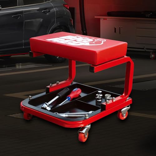 Big RED Rolling Mechanic Stool | 360° swivel casters; 250-lb steel frame; 3-zone tool tray; 14" waterproof padded seat; for garages, auto shops & DIY - style: 6300