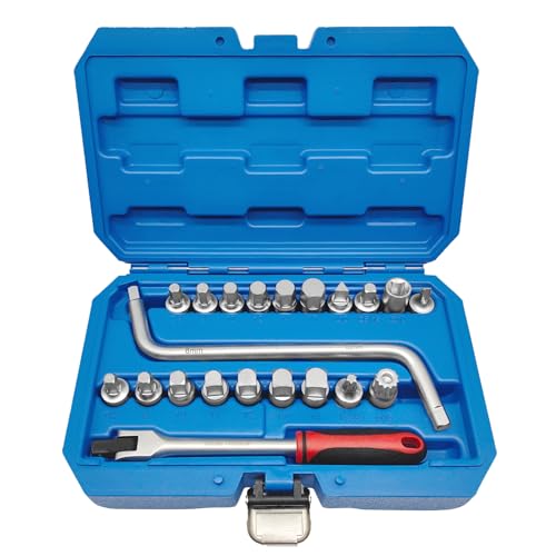 21PCS 3/8" Drive Oil Drain Sump Plug Key Set, Drain Plug Socket Kit | Hex, Square Triangle, Torx, Spline, Gearbox, Engine Repair, Mechanic tool, Oil Sump, Differential, Back Axle, Socket Wrench