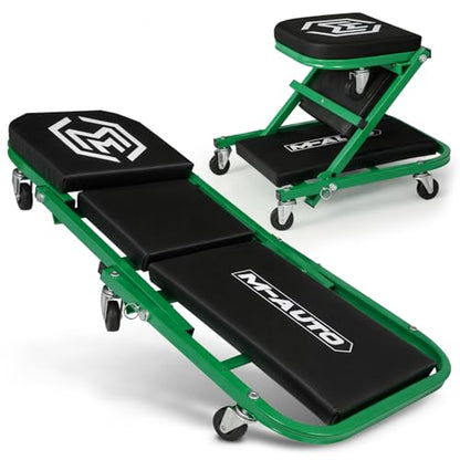 M-AUTO Foldable Z Creeper 2-in-1 Rolling Folding Car Creeper & Seat, 36" Adjustable Roller Garage Chair Lay Down or Sit, 330LBS Capacity Under Car Roller Creeper with 6 Swivel Casters, Green - color: Green, size: 36"