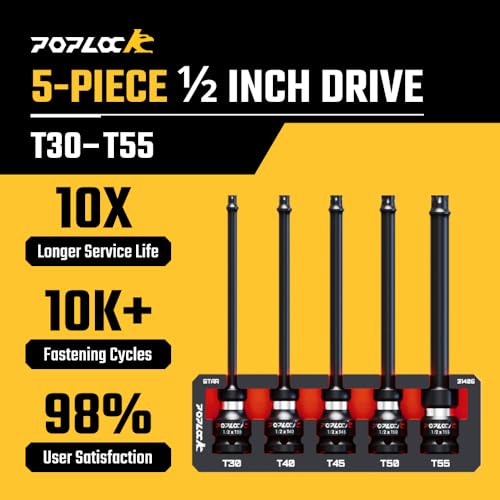 Poplock Impact Driver Set | 5-Piece ½ inch Drive Star Bit Set | 150mm Long Impact Driver Bit Set with 6-Lobed Allen Tips for Torx Fasteners T30 T40 T45 T50 T55 - size: 5 PCS