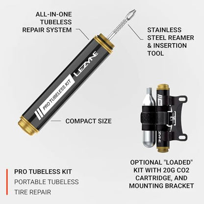 LEZYNE Pro Tubeless Kit | Portable All-In-One Bicycle Tire Repair System with Aluminum Body, Tire Plugs, CO2 Inflator & Stainless Steel Tools | For Road, Gravel & MTB Bikes, Pro Tubeless Kit Loaded - size: Pro Tubeless Kit Loaded