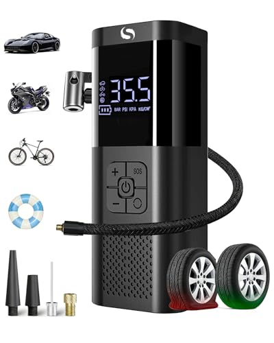 Tire Inflator Portable Tire Compressor, Cordless Tire Inflator with LED Light for Car Motorcycle Bicycle Ball, Car Accessories Essential for Men, 150PSI Air Tire Pump with Gauge - color: Black White Cordless