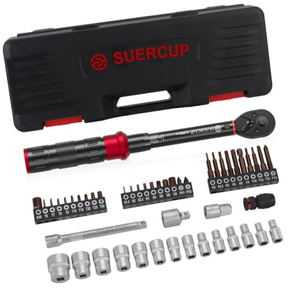 SUERCUP 3-25Nm 1/4" Torque Wrench 50 PCS Set | 72 Tooth Drive Click Torque Wrench, S2 Bit Sockets, 1/4" Extension Bar & 3/8" Adapter, Bicycle/Moto Maintenance & DIY - size: 1/4" 3-25N.m 50PCS