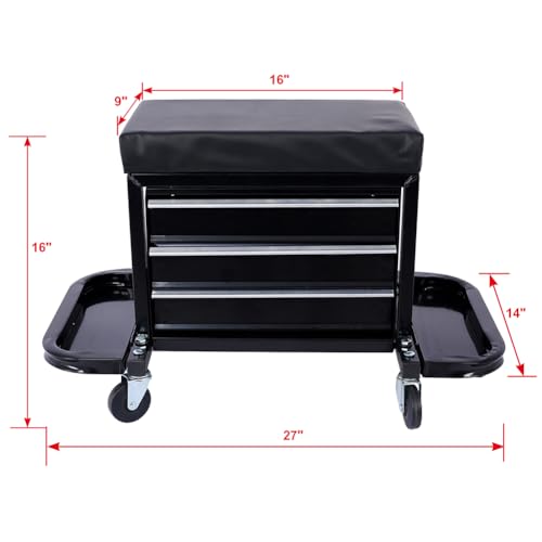 3-Drawer Chest Rolling Mechanic Seat with Tool Trays 350lbs Max Weight Capacity Toolbox Seat for Garage Warehouse Black
