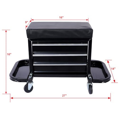 3-Drawer Chest Rolling Mechanic Seat with Tool Trays 350lbs Max Weight Capacity Toolbox Seat for Garage Warehouse Black