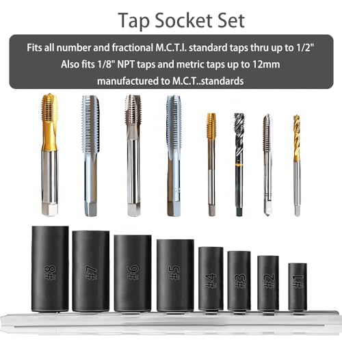 Tap Socket Set – 70500, 8-Piece Tap Sockets for 1/4" & 3/8" Drive, Fits MCTI Standard Taps up to 1/2", 1/8" NPT, and Metric Taps to 12mm