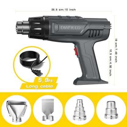 DIAFIELD 1850W Heat Gun, Dual Temperature Settings 572.0 °F&1202 °F(300 °C~650 °C), Fast Heat Hot Air Gun, Durable& Overload Protection, with 4 Nozzles for Shrink Wrap, Vinyl, Crafts, Epoxy Resin - size: Normal Size