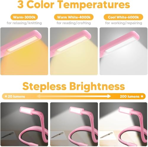 Pink Gifts Neck Light with Storage Case, Back to School Teacher Gifts for Book Lovers Readers Knitters Crafters, 10-80Hrs Eye-friendly Book Reading Light Knitting Crochet Sewing Craft Light Book Lamp - color: Pink with storage case