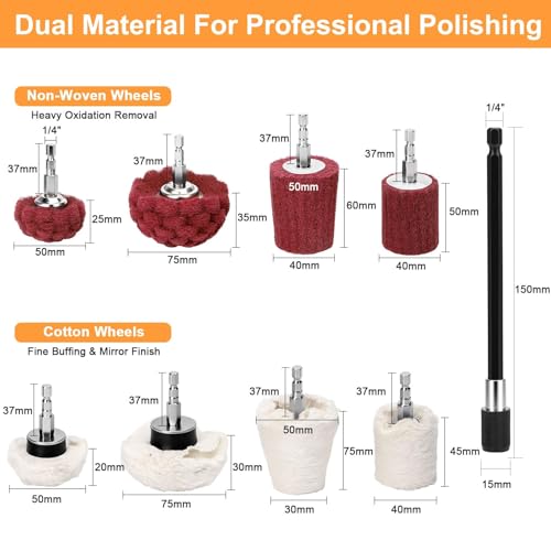 Linstyle Buffing Wheels for Drill: 9PCS Non-Woven & Cotton Polishing Wheel Kit, with Extension Holder 1/4" Hex Shank Drill Attachment Rust Removal for Car Wheel Rim Headlight, Metal, Aluminum, Brass