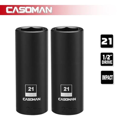 CASOMAN 1/2-Inch Drive x 21mm Deep Impact Socket, 2PCS Set, 6-Point, Metric, CR-MO - size: 21 mm, style: 6-Point Socket