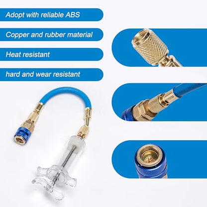 Oil and Dye Injectors Kit Hand Push 30ml/1 Oz AC Compressor Manual Oil Dye Injector with 1/4 SAE Quick Coupler Car AC Compressor Tool