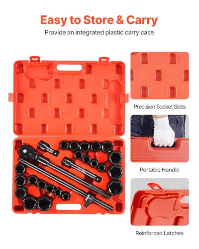 VEVOR Impact Socket Set, 3/4 Inches Socket Assortment, Drive Socket Set Impact Standard SAE (7/8 Inches to 2 Inches) & Metric Sizes (22 mm-50 mm), 27 Piece Standard Impact Sockets - style: 3/4" 27PCS
