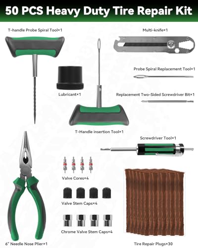 Tire Repair Kit with Effortless Insertion & Removal – 50pcs Complete Professional Heavy Duty Tire Plug Kit,Puncture Repair for Car, Motorcycle, Tractor, ATV, SUV, Truck (Portable Case Included)