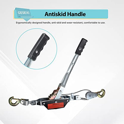 2 Ton Dual Gear Power Puller, 2 Hook Steel Cable Dual Gear Power Ratchet Come Along Puller Tool with Cable Automotive Hoist Hand Winch Cable Puller Stretcher Lift 4400 Lbs - size: 2-Ton