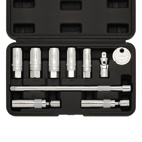 CASOMAN 10PCS 3/8"Drive Magnetic Spark Plug Socket Set, 6PT&12PT, Include Extension Bar, Universal Joint & Spark Plug Gapper, CR-V Steel - size: 10-Piece Set with Accessory