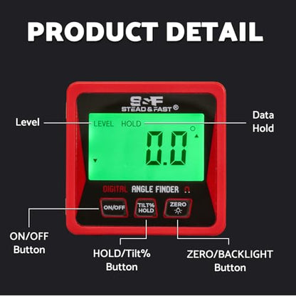 S&F STEAD & FAST Digital Angle Finder Magnetic with Case & Backlit LCD | Self-inverting display, ±0.2° accuracy, Absolute & Relative, Hold & Zero, Auto-off, for Woodworking, Plumbing & Construction - color: Red
