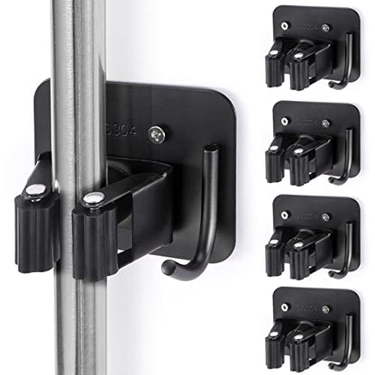 Stainless Steel Broom Holder, Heavy Duty, Rust Resistant, 4 Gripper Positions with 4 Hooks, Black | Drill-Mounted Gripper Rack Holds Brooms, Mops and Garden Tools Safely in the Laundry Room, Kitchen, Garage, Garden and Shed - color: Black