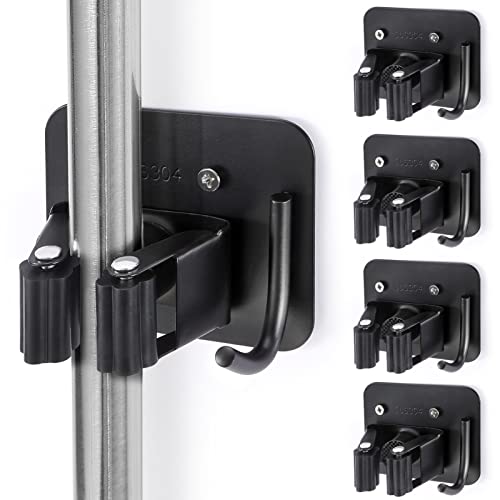 Stainless Steel Broom Holder, Heavy Duty, Rust Resistant, 4 Gripper Positions with 4 Hooks, Black | Drill-Mounted Gripper Rack Holds Brooms, Mops and Garden Tools Safely in the Laundry Room, Kitchen, Garage, Garden and Shed - color: Black
