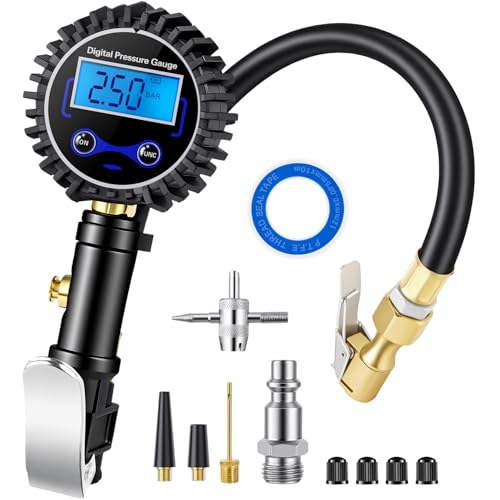 Digital Tire Pressure Gauge with Inflator 250 PSI | Heavy Duty Air Chuck & Compressor Accessories with Quick Connect Coupler and Rubber Hose for Cars, Inflatables