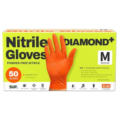 SUPER+ HEAVY DUTY Nitrile Gloves 8 Mil Diamond Texture Disposable Chemical Resistant Powder &Latex Free Food Safe Orange 50Ct - color: Medium (Orange)