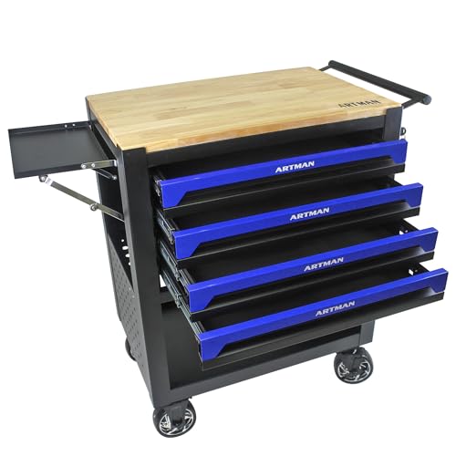 Campfun Tool Cart with 4 Drawers and Wheels, Mechanical Tool Workbench with Wooden Top for Storage in Garages, Workshops, and Repair Shops - Blue - color: 4 Drawers-blue