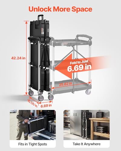 VEVOR Foldable Utility Service Cart, 165LBS 3 Shelf Heavy Duty Plastic Rolling Cart with 360° Swivel Wheels (2 with Brakes), Ergonomic Handle, Portable Garage Tool Cart for Warehouse Office Home - size: 25.62 x15.43 x32.76 inch