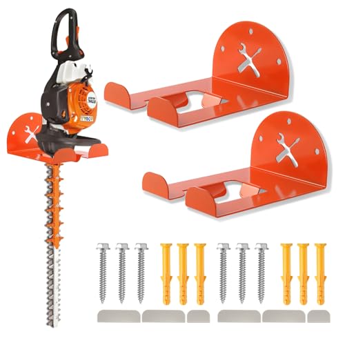 Upgraded Trimmer Rack Wall Mount - 8" Heavy Duty Weed Eater Hanger for Garage Wall, Garden Power Tool Holder Organizer Hooks for Grass Trimmer, Hedge Trimmer, Leaf Blower and Chainsaw, Orange, 2 Pack - color: Orange-2Pack