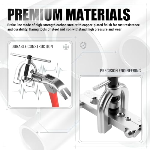 Brake Line Flaring Tool Kit,Professional Brake Line Kit with 25Ft 3/16" & 1/4" Copper Plated Steel Tubing & Tube Cutter,Rustproof Brakes Lines Repair Kits for Hydraulic Systems