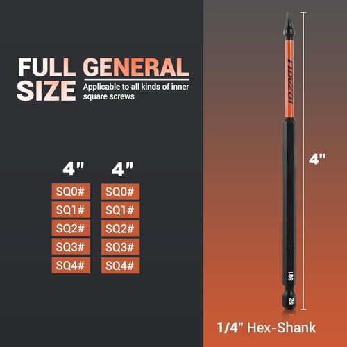 10Pcs Square Drive Bits Set, 4” Long Premium S2 Alloy Steel Square Bit Set #0, 1, 2, 3, and #4 Magnetic Square Drill Bit Set,1/4 Inch Hex Shank.