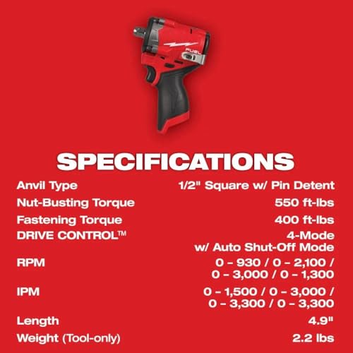 2563P-20 for Milwaukee M12 FUEL 1/2" Impact Wrench w/Pin Detent Length 4.9 in Width 2.4 in Height 7.2 in - NEW