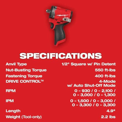 2563P-20 for Milwaukee M12 FUEL 1/2" Impact Wrench w/Pin Detent Length 4.9 in Width 2.4 in Height 7.2 in - NEW