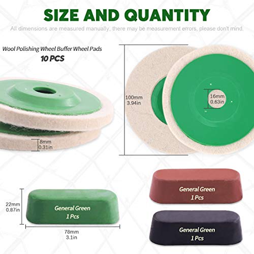 Keadic 13Pcs 4 Inch Wool Felt Polishing Wheel Disc Kit Includes Green Wool Felt Disc Wheel Pad and Buffing Polishing Compounds, Wool Polishing Wheel Buffer Pads Wool Polishing Disc for Marble - color: Green
