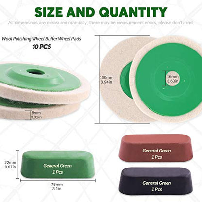 Keadic 13Pcs 4 Inch Wool Felt Polishing Wheel Disc Kit Includes Green Wool Felt Disc Wheel Pad and Buffing Polishing Compounds, Wool Polishing Wheel Buffer Pads Wool Polishing Disc for Marble - color: Green