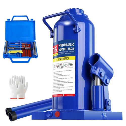 16T Hydraulic Bottle Jack, 32,000 lbs, with Tire Kit | Industrial jack for construction & farm. 9.06"-17.32" lift. Carry handle. Portable. - color: 16 Ton Basic with Tire Repair Kit