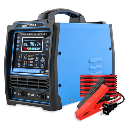 12V 24V Car Battery Charger Heavy Duty 0-15A Automatic Battery Maintainer, Smart Trickle Charger with Fast & Slow, Auto Shutoffs, Repair, Winter Mode for Car Truck Motorcycle Lawn Mower Boat
