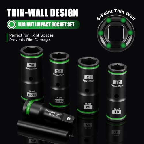 TecoTek 6PCS Thin Wall Lug Nut Impact Socket Set, 1/2" Drive Impact Flip Socket Set, 8 in 1 Dual End Wheel Tire Nut Sockets, Metric 17 19 21 22mm & SAE 3/4" 13/16" 7/8" 15/16", Lug Nut Removal Tool - size: Standard Metric & SAE