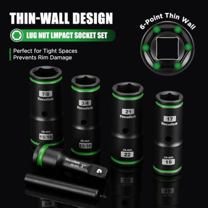 TecoTek 6PCS Thin Wall Lug Nut Impact Socket Set, 1/2" Drive Impact Flip Socket Set, 8 in 1 Dual End Wheel Tire Nut Sockets, Metric 17 19 21 22mm & SAE 3/4" 13/16" 7/8" 15/16", Lug Nut Removal Tool - size: Standard Metric & SAE