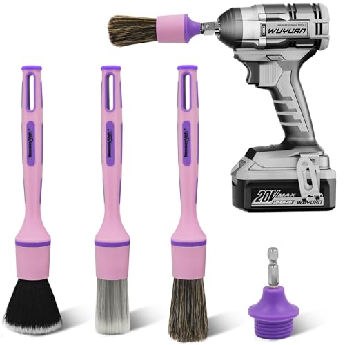 3Pcs Car Detailing Drill Brush Set with Drill Brush Attachment Head, 1P Ultra Soft No Scratch Car Drill Brush for Air Vent Leather Seat, 1P Boars Hair & 1P Detailing Brushes for Interior Exterior,Pink - color: Pink