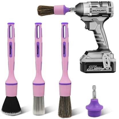 YeewayVeh 3PCS Car Detailing Drill Brush Set, Mixed Detail Brushes, Pink | No Scratch Boars Hair & Ultra Soft Detailing Brushes for Air Vent, Leather Seat, Interior Exterior, Drill Attachment Included - color: Pink