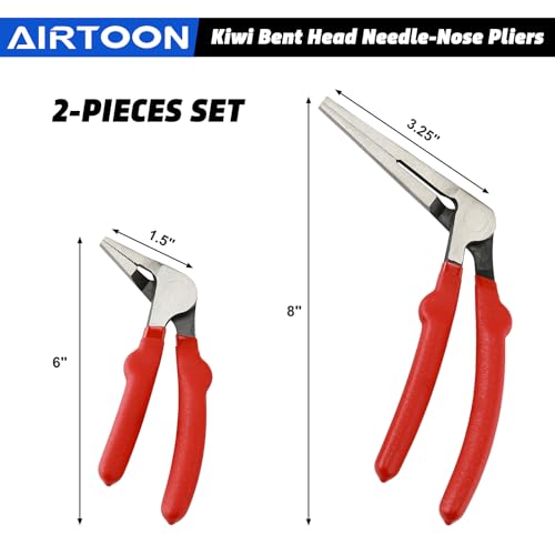 2PC Kiwi Bent Head Needle-Nose Pliers, Angled Head Needle Nose Kiwi Pliers, 6-Inch and 8-Inch, Double Injection Handles, Bent Head Design for Access Tight Spaces
