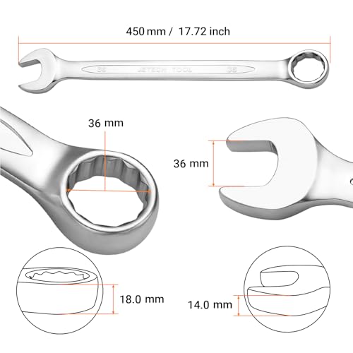 Jetech 36mm Combination Wrench, Metric 12-Point Chrome Vanadium Steel Spanner, Industrial Grade with 15-Degree Offset, Sand Blasted Finish, Heat-Treated Forged Tool - size: 36mm